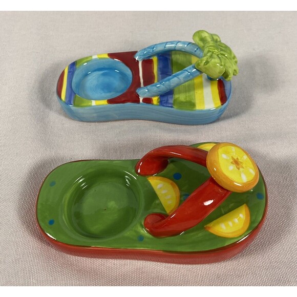 New Two Porcelain Tea Light Candle Holders Flip Flop Shape Nantucket Home - Picture 4 of 5